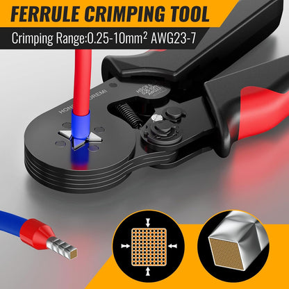 Ferrule Crimping Tool Kit,Wire Ferrule Kit Crimper Connectors，4 Corners Self-Adjustable AWG23-7 Gauge 1800PCS Ferrules Electrical Terminal，Crimpers Tools Pin Terminals Ratchet Pliers for Audio,Car,Diy