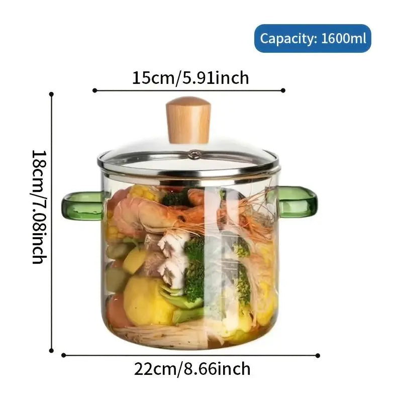 54-Ounce Borosilicate Glass Pot with Yellow Handles—A Heat-Resistant, Transparent Pot for Soups and Porridge. Suitable for Stovetops and Ovens, Perfect for Both Home and Restaurant Use. Ideal for Making Soups and Milk Ramen. Easy to Clean and Odor-Free,Ho