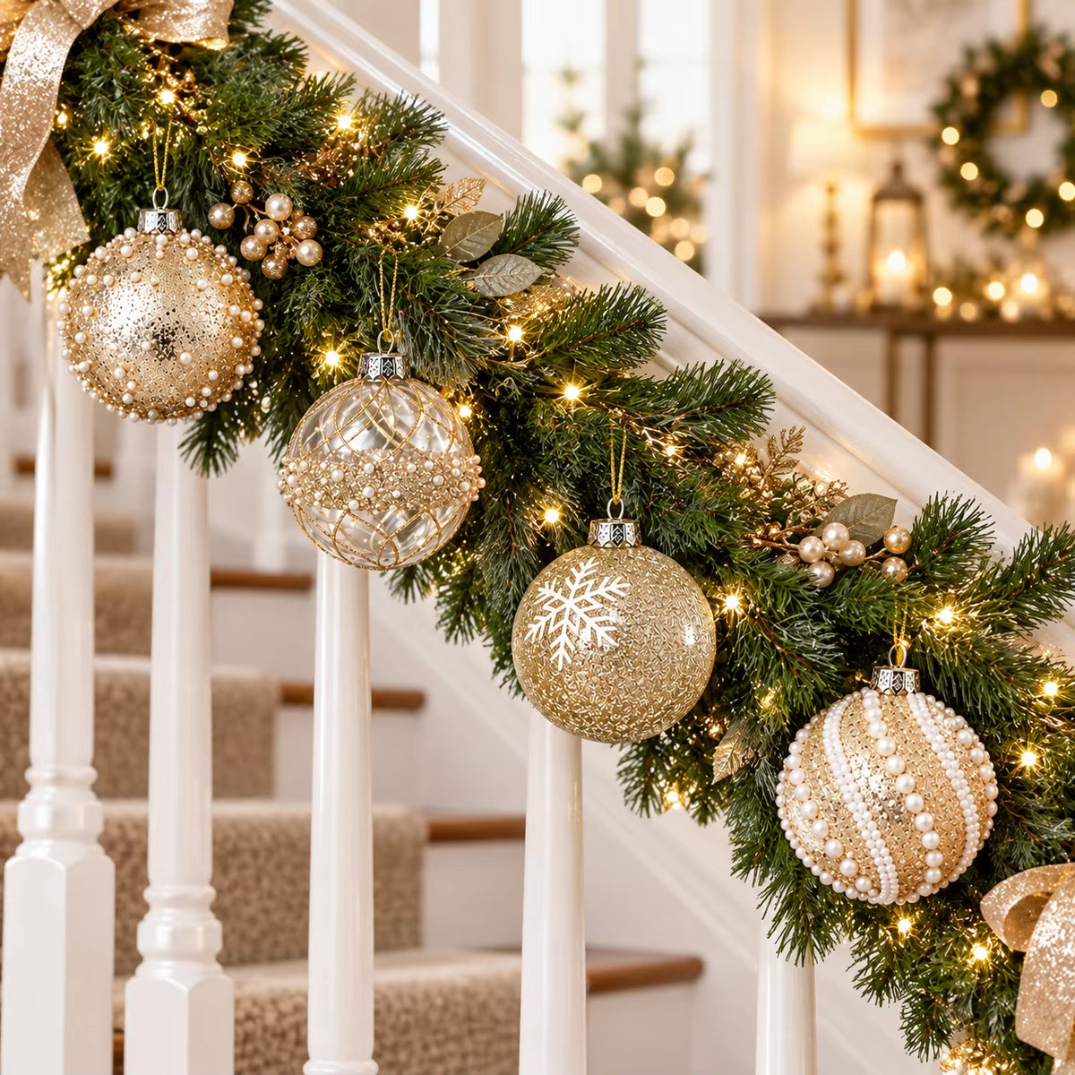 12Pcs 8Cm Champagne Gold Clear Christmas Ball Ornaments 4 Styles Glitter Pearl Snowflake Shatterproof Xmas Tree Hanging Decor