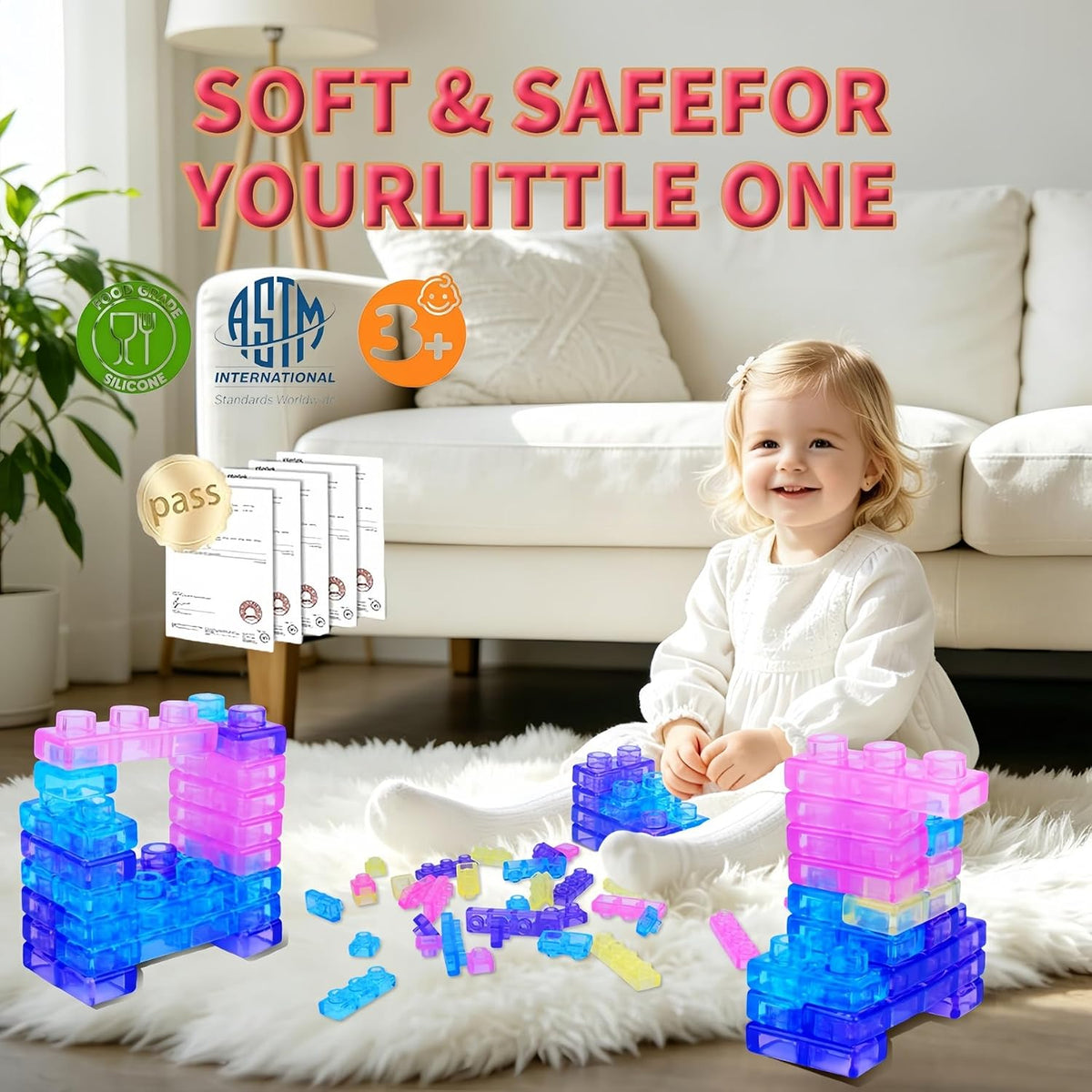 Magic Gummy Block Soft Building Blocks, 40 Pcs Squishy Stretchable TPE Sensory Bricks, Bpa‑Free Interlocking Construction Toy for Kids Ages 3+