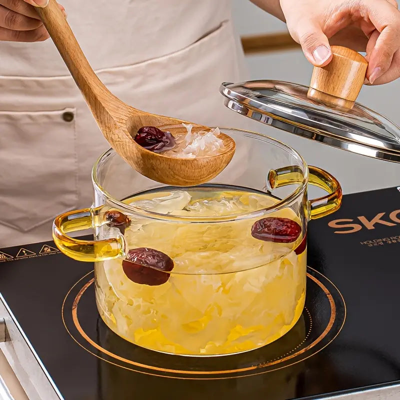 54-Ounce Borosilicate Glass Pot with Yellow Handles—A Heat-Resistant, Transparent Pot for Soups and Porridge. Suitable for Stovetops and Ovens, Perfect for Both Home and Restaurant Use. Ideal for Making Soups and Milk Ramen. Easy to Clean and Odor-Free,Ho