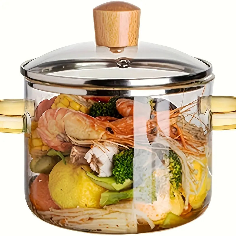 54-Ounce Borosilicate Glass Pot with Yellow Handles—A Heat-Resistant, Transparent Pot for Soups and Porridge. Suitable for Stovetops and Ovens, Perfect for Both Home and Restaurant Use. Ideal for Making Soups and Milk Ramen. Easy to Clean and Odor-Free,Ho