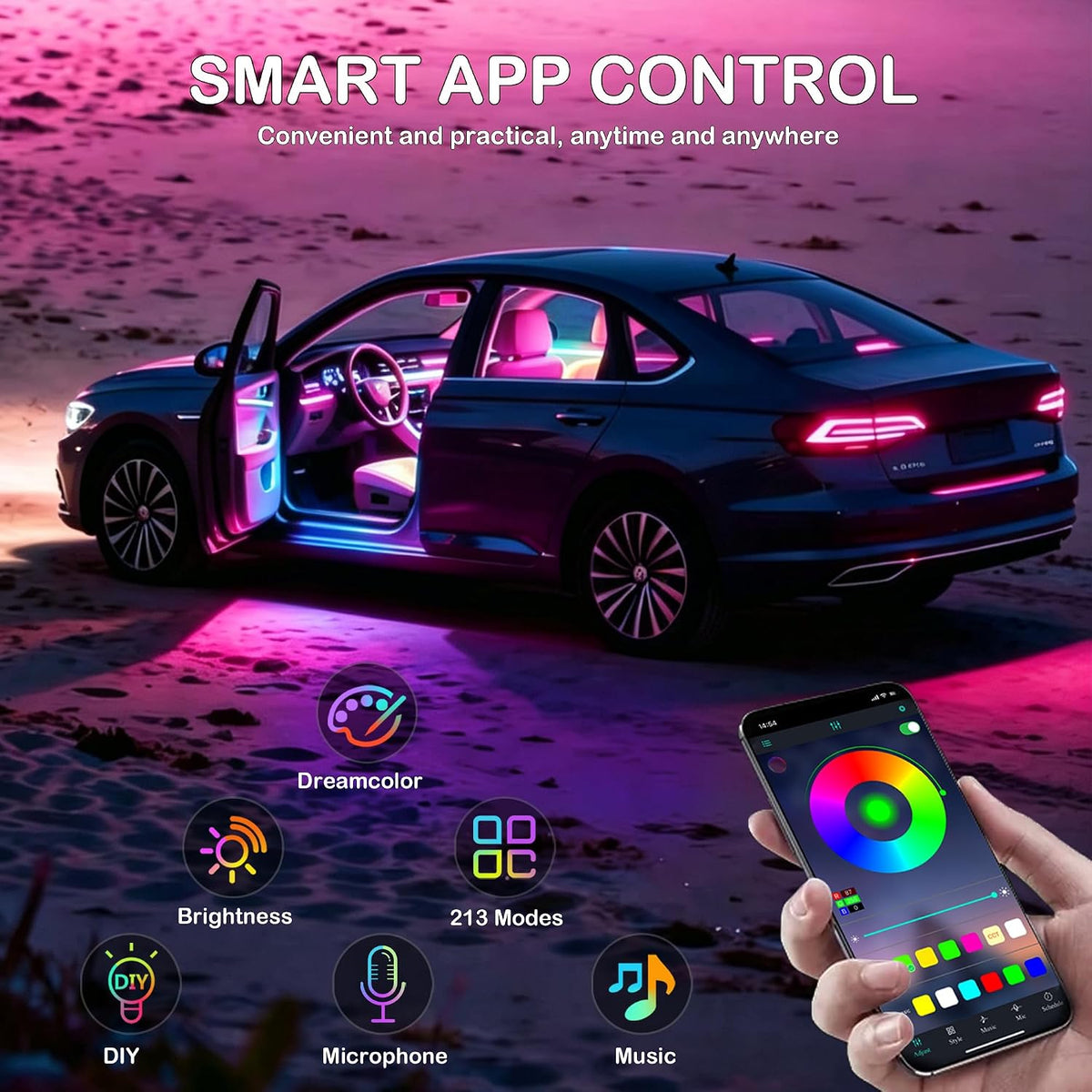 Interior Car LED Strip Lights with Wireless APP, Ambient Lighting Kits with Dynamic Dreamcolor Chasing, 16 Million Colors Acrylic LED Lights for Car, Sound Active Function Car Neon Lights