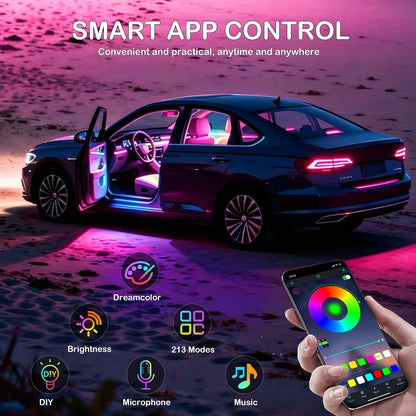 Interior Car LED Strip Lights with Wireless APP, Ambient Lighting Kits with Dynamic Dreamcolor Chasing, 16 Million Colors Acrylic LED Lights for Car, Sound Active Function Car Neon Lights