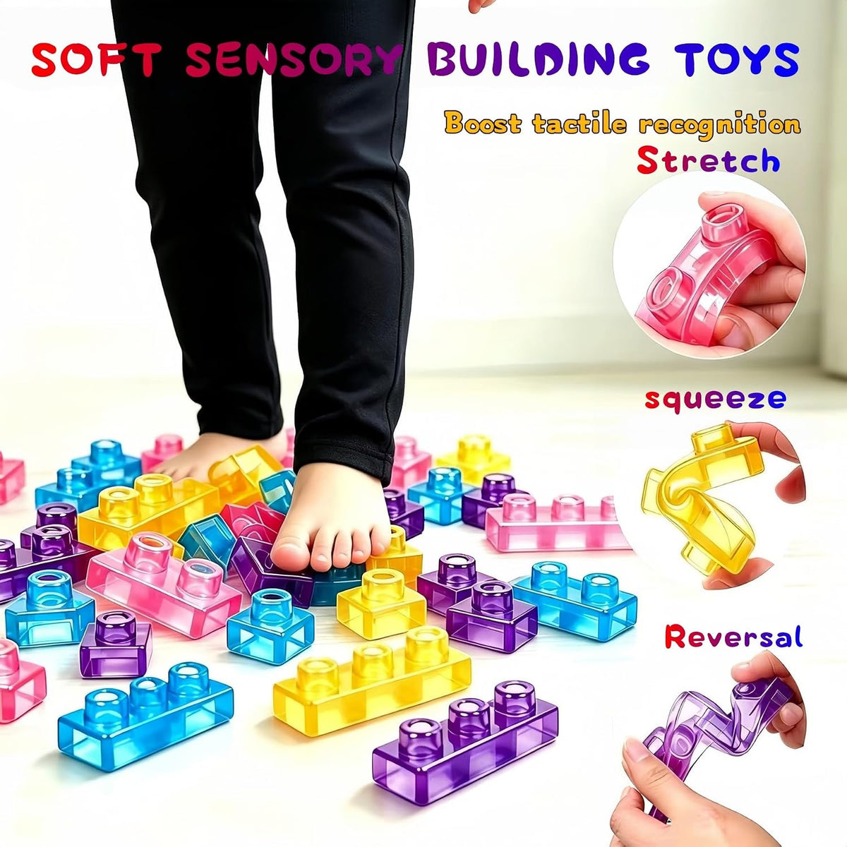 Magic Gummy Block Soft Building Blocks, 40 Pcs Squishy Stretchable TPE Sensory Bricks, Bpa‑Free Interlocking Construction Toy for Kids Ages 3+