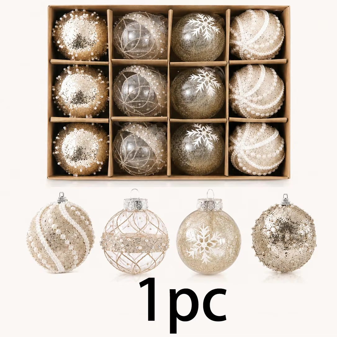 12Pcs 8Cm Champagne Gold Clear Christmas Ball Ornaments 4 Styles Glitter Pearl Snowflake Shatterproof Xmas Tree Hanging Decor