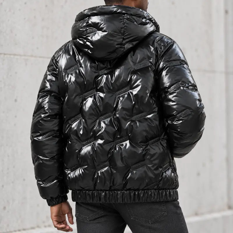 Men’S Glossy Black Cotton Jacket with High-Shine Finish, Detachable Hood, Contrasting Red Lining, Full Zip Front and Side Cargo Pockets—Casual, Warm Outerwear for Autumn and Winter. Menswear Coats