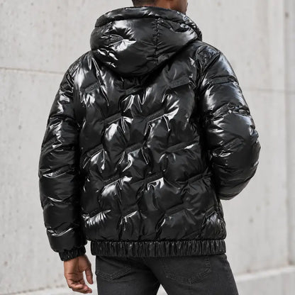 Men’S Glossy Black Cotton Jacket with High-Shine Finish, Detachable Hood, Contrasting Red Lining, Full Zip Front and Side Cargo Pockets—Casual, Warm Outerwear for Autumn and Winter. Menswear Coats