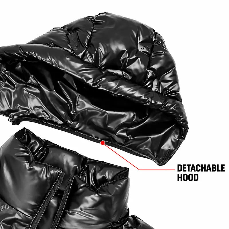 Men’S Glossy Black Cotton Jacket with High-Shine Finish, Detachable Hood, Contrasting Red Lining, Full Zip Front and Side Cargo Pockets—Casual, Warm Outerwear for Autumn and Winter. Menswear Coats