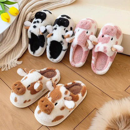Plush Cow Slippers for Women & Men, Soft Cozy Fleece Lining, Non-Slip Sole, Cute Cow Design, Comfortable House Shoes for Indoor Use