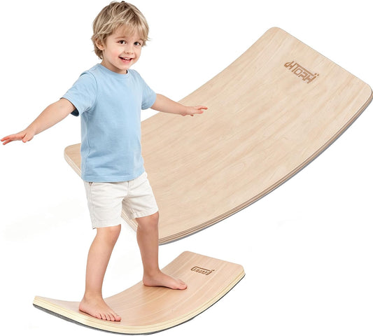 Kids Balance Board - 100% Natural Wood Wobble Board with Non-Slip Safety Pads Child-Safe Design for Indoor/Outdoor Play Toddler Balance Board for Ages 3-12, Eco-Friendly & Durable