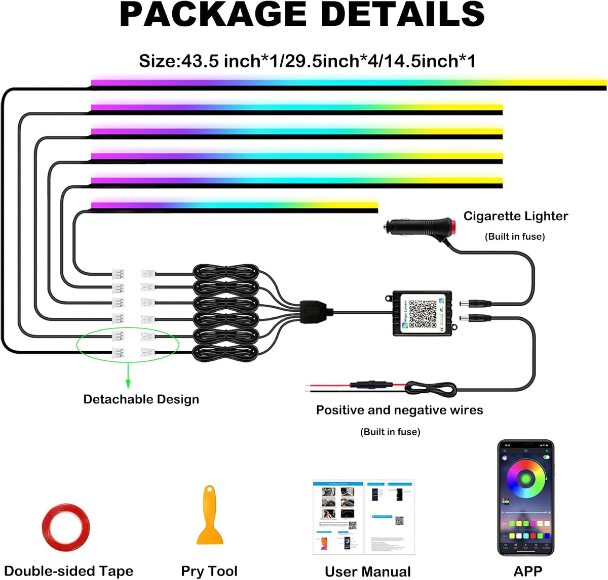 Interior Car LED Strip Lights with Wireless APP, Ambient Lighting Kits with Dynamic Dreamcolor Chasing, 16 Million Colors Acrylic LED Lights for Car, Sound Active Function Car Neon Lights