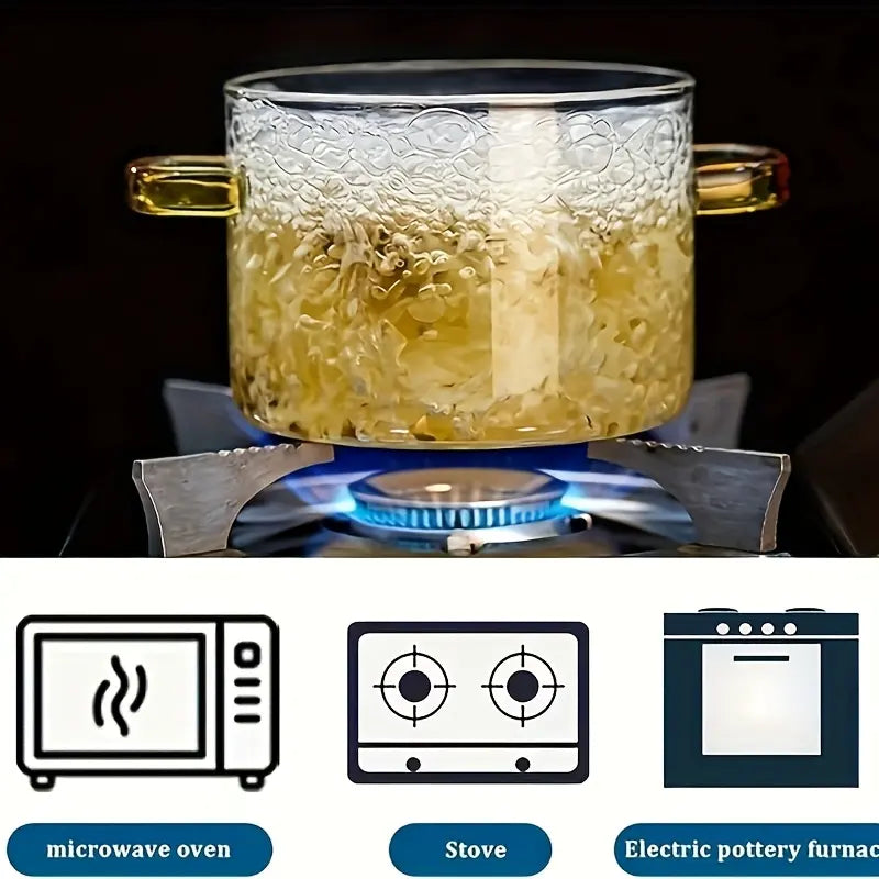 54-Ounce Borosilicate Glass Pot with Yellow Handles—A Heat-Resistant, Transparent Pot for Soups and Porridge. Suitable for Stovetops and Ovens, Perfect for Both Home and Restaurant Use. Ideal for Making Soups and Milk Ramen. Easy to Clean and Odor-Free,Ho