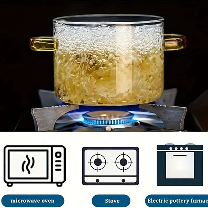 54-Ounce Borosilicate Glass Pot with Yellow Handles—A Heat-Resistant, Transparent Pot for Soups and Porridge. Suitable for Stovetops and Ovens, Perfect for Both Home and Restaurant Use. Ideal for Making Soups and Milk Ramen. Easy to Clean and Odor-Free,Ho