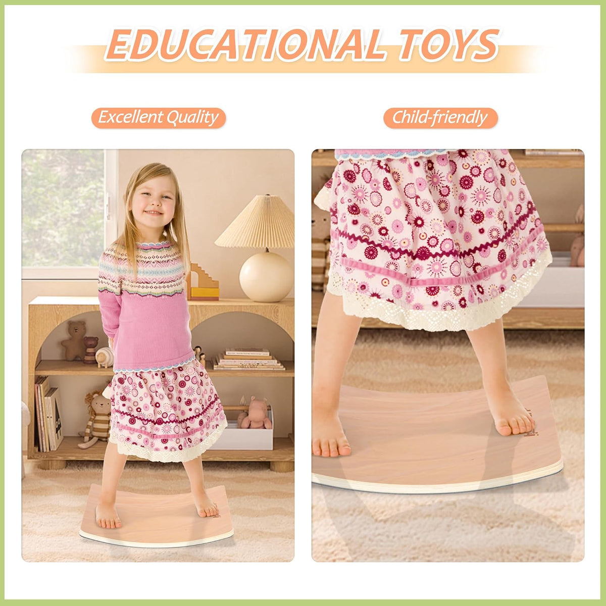 Kids Balance Board - 100% Natural Wood Wobble Board with Non-Slip Safety Pads Child-Safe Design for Indoor/Outdoor Play Toddler Balance Board for Ages 3-12, Eco-Friendly & Durable