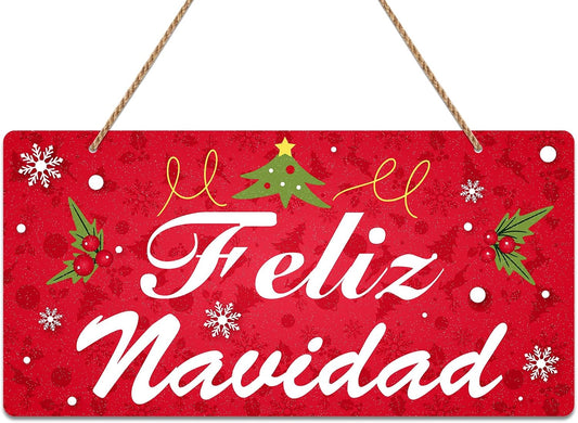 Feliz Navidad Door Sign for Front Door 6"X 12" Feliz Navidad Porch Door Sign Patio Hanging Sign Plaque Spanish Christmas Party Outdoor Decorations