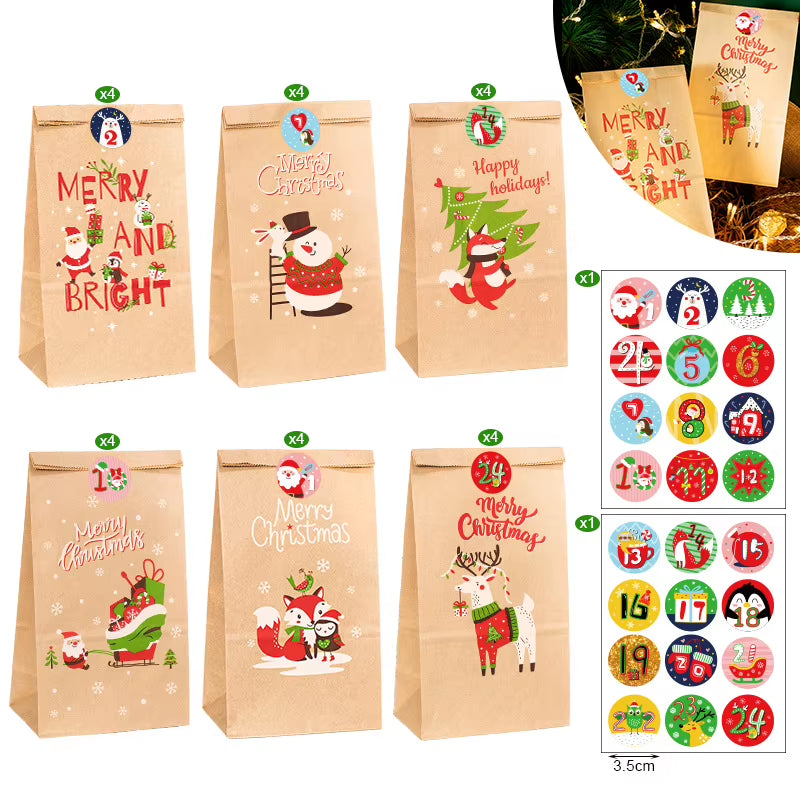 Santa Claus Snowman Christmas Gift Kraft Paper Biscuit Candy Bags Gift Packing Pouch Party Dessert Bar Bag Snack Cookie Stickers