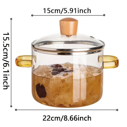 54-Ounce Borosilicate Glass Pot with Yellow Handles—A Heat-Resistant, Transparent Pot for Soups and Porridge. Suitable for Stovetops and Ovens, Perfect for Both Home and Restaurant Use. Ideal for Making Soups and Milk Ramen. Easy to Clean and Odor-Free,Ho