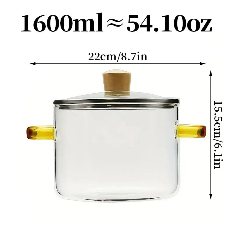 54-Ounce Borosilicate Glass Pot with Yellow Handles—A Heat-Resistant, Transparent Pot for Soups and Porridge. Suitable for Stovetops and Ovens, Perfect for Both Home and Restaurant Use. Ideal for Making Soups and Milk Ramen. Easy to Clean and Odor-Free,Ho