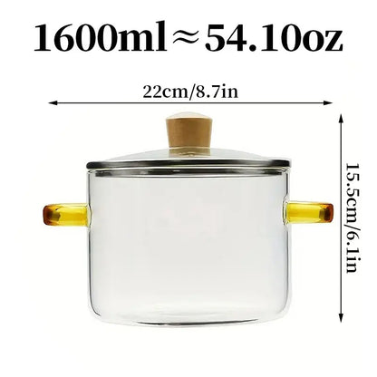 54-Ounce Borosilicate Glass Pot with Yellow Handles—A Heat-Resistant, Transparent Pot for Soups and Porridge. Suitable for Stovetops and Ovens, Perfect for Both Home and Restaurant Use. Ideal for Making Soups and Milk Ramen. Easy to Clean and Odor-Free,Ho