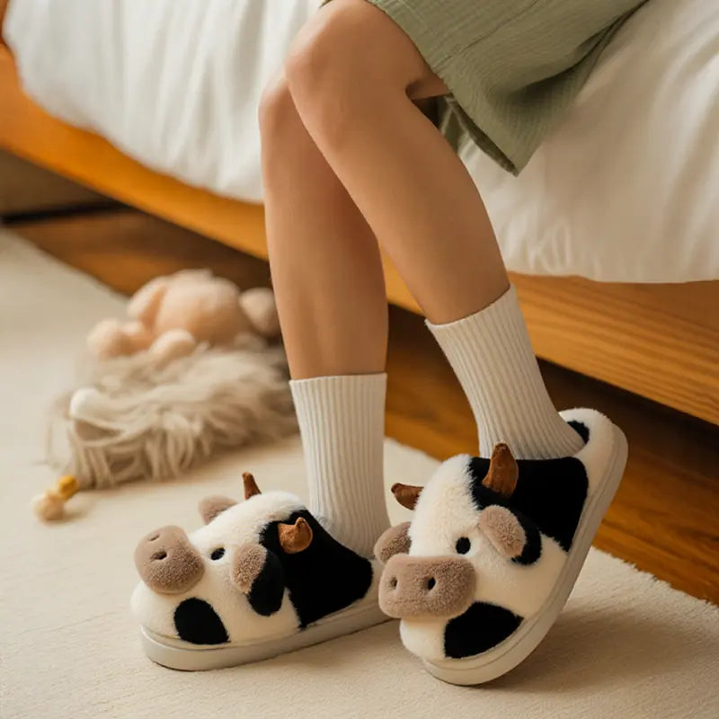 Plush Cow Slippers for Women & Men, Soft Cozy Fleece Lining, Non-Slip Sole, Cute Cow Design, Comfortable House Shoes for Indoor Use
