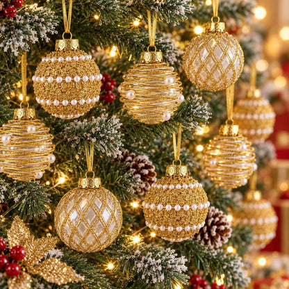 6 Pcs 6Cm Gold Clear 3 Designs Glitter Pearl Christmas Balls Shatterproof Xmas Tree Hanging Ornaments for Holiday Party Decor