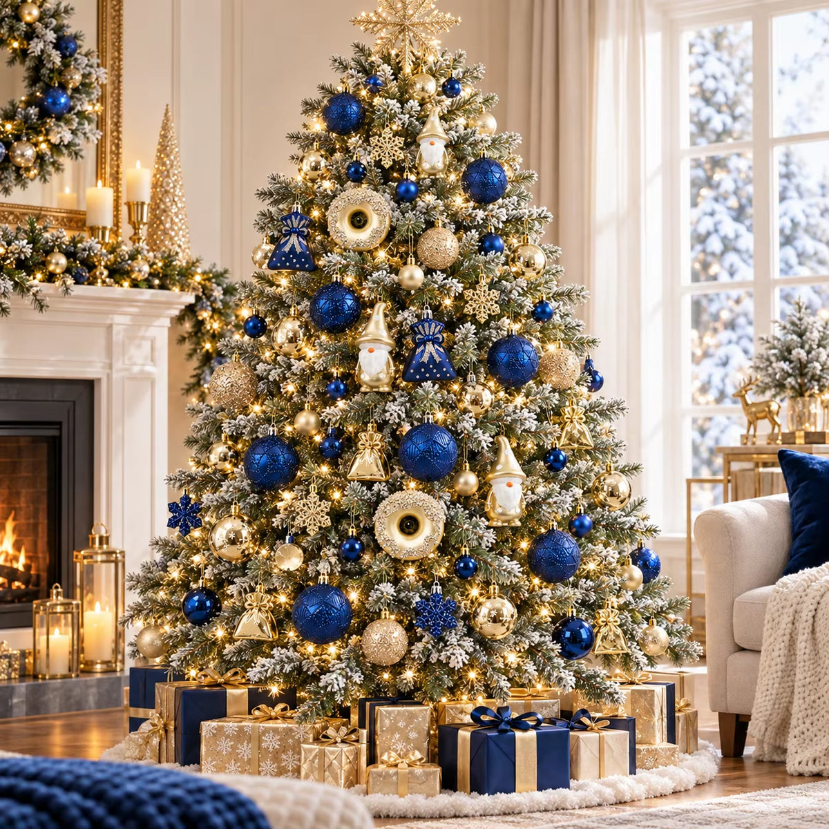60Pcs Blue Gold Christmas Ornaments Set Shatterproof Multi Shapes Gnome Donut Snowflake Gift Balls Xmas Tree Hanging Party Decor
