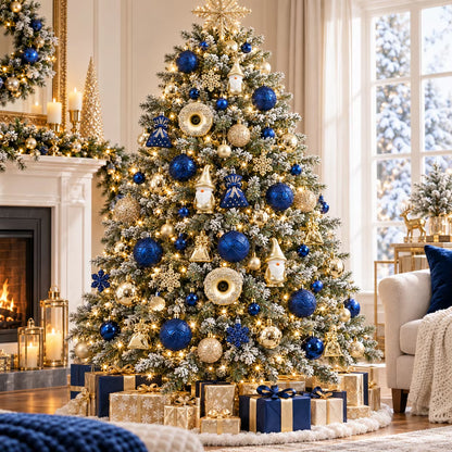 60Pcs Blue Gold Christmas Ornaments Set Shatterproof Multi Shapes Gnome Donut Snowflake Gift Balls Xmas Tree Hanging Party Decor