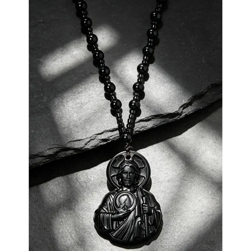 Natural Obsidian Jesus Sacred Heart Pendant Chain Necklace, Catholic Faith Amulet, Long Length Unisex Religious Jewelry, Men'S Unique Casual Wear Costume Accessory
