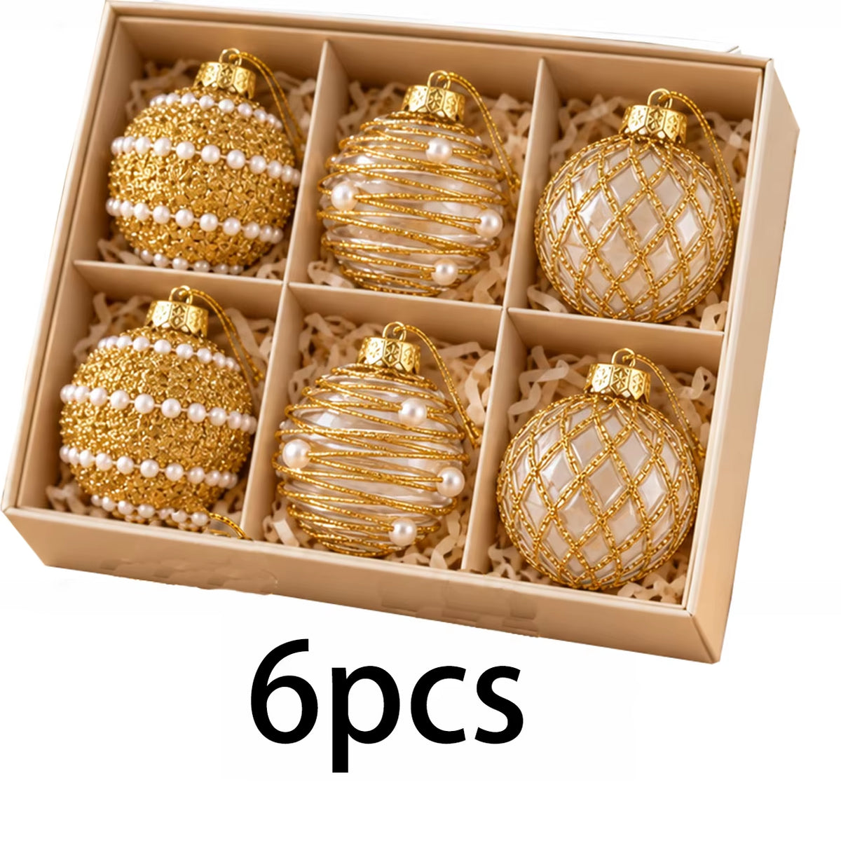 6 Pcs 6Cm Gold Clear 3 Designs Glitter Pearl Christmas Balls Shatterproof Xmas Tree Hanging Ornaments for Holiday Party Decor