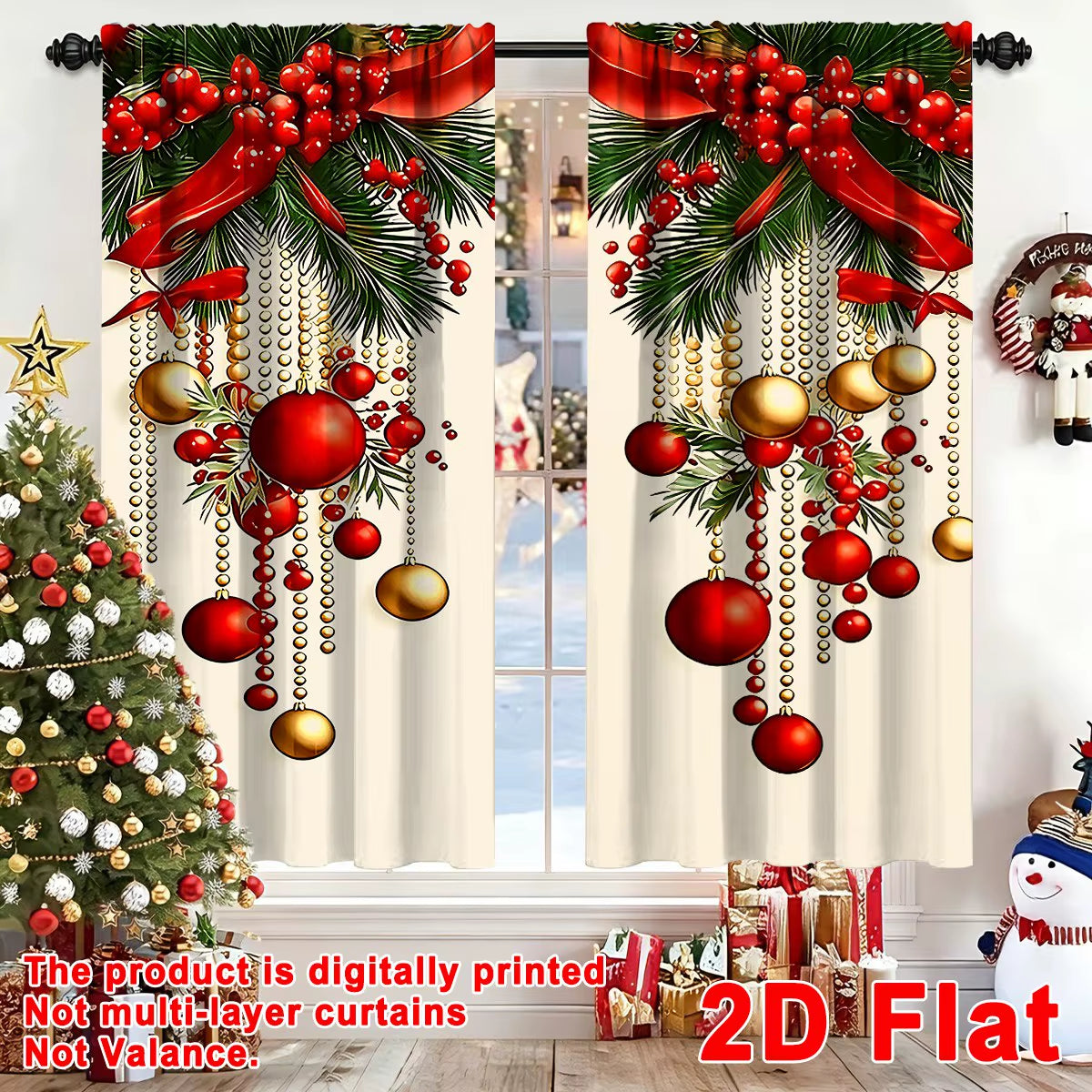 2Pcs Festive Christmas Curtains, 60*150Cm Polyester Curtains Xmas Baubles Ribbon Patterns Window Drapes for Home Holiday Decor