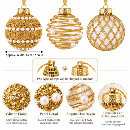 6 Pcs 6Cm Gold Clear 3 Designs Glitter Pearl Christmas Balls Shatterproof Xmas Tree Hanging Ornaments for Holiday Party Decor