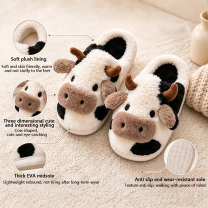 Plush Cow Slippers for Women & Men, Soft Cozy Fleece Lining, Non-Slip Sole, Cute Cow Design, Comfortable House Shoes for Indoor Use