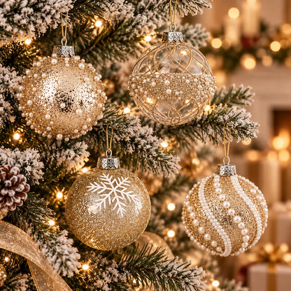 12Pcs 8Cm Champagne Gold Clear Christmas Ball Ornaments 4 Styles Glitter Pearl Snowflake Shatterproof Xmas Tree Hanging Decor