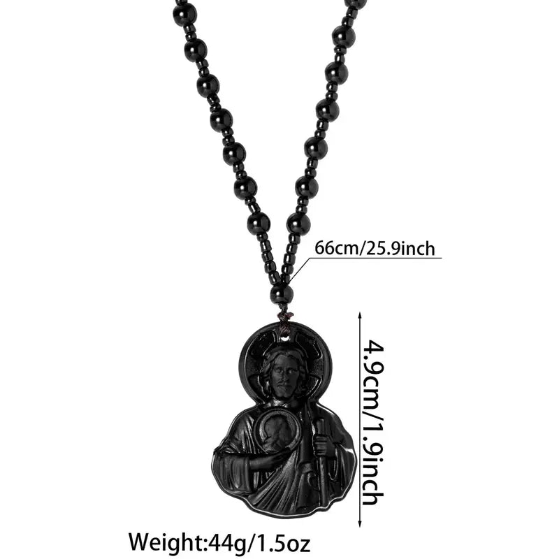 Natural Obsidian Jesus Sacred Heart Pendant Chain Necklace, Catholic Faith Amulet, Long Length Unisex Religious Jewelry, Men'S Unique Casual Wear Costume Accessory