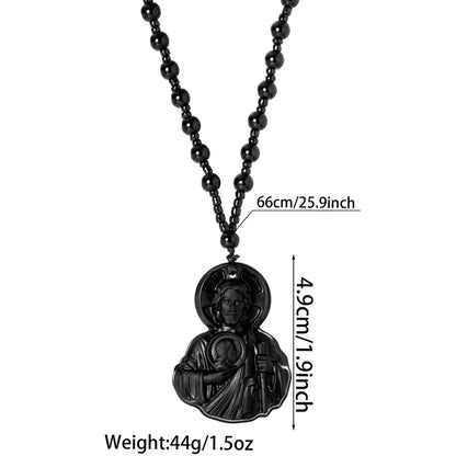 Natural Obsidian Jesus Sacred Heart Pendant Chain Necklace, Catholic Faith Amulet, Long Length Unisex Religious Jewelry, Men'S Unique Casual Wear Costume Accessory