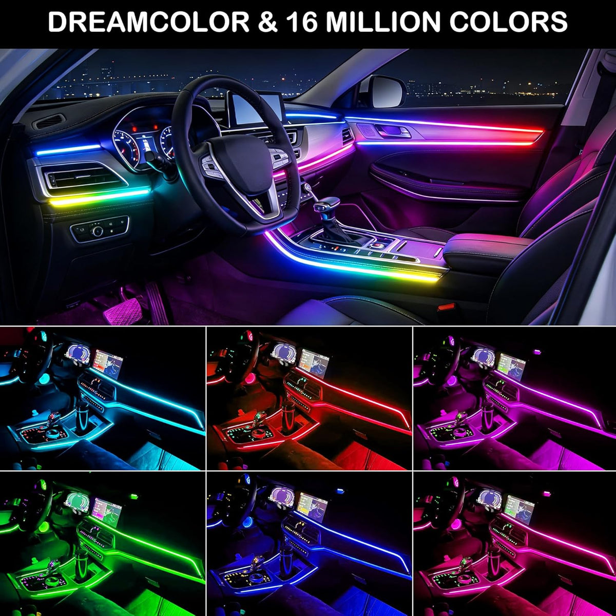 Interior Car LED Strip Lights with Wireless APP, Ambient Lighting Kits with Dynamic Dreamcolor Chasing, 16 Million Colors Acrylic LED Lights for Car, Sound Active Function Car Neon Lights