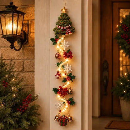 Christmas Door Hanger LED Glowing Handmade Crochet Santa Xmas Tree Bell Ornament Home Wall Front Door New Year Navidad Ornaments