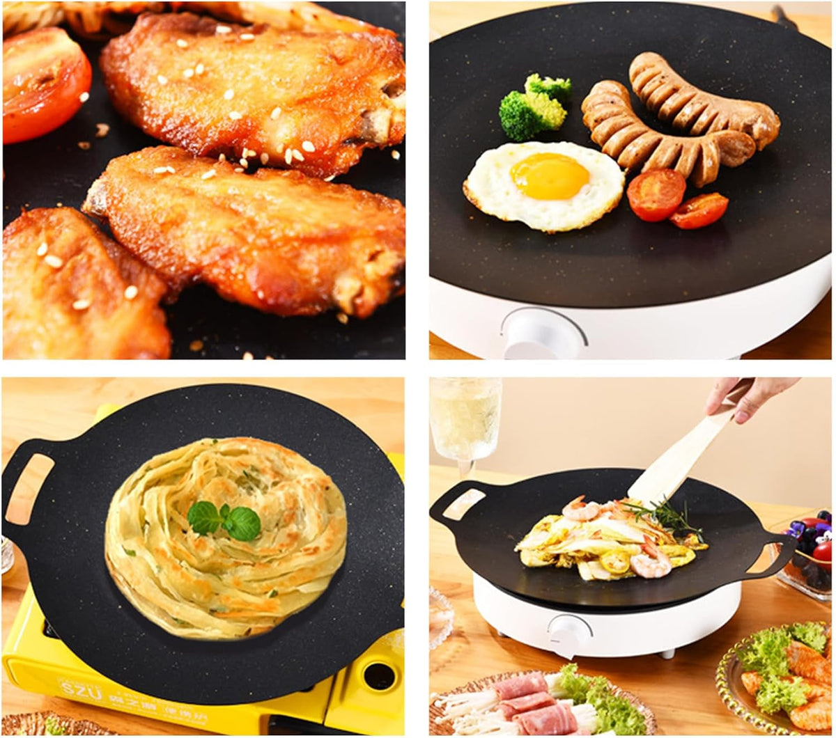 Korean BBQ Grill Pan, Maifan Stone Coating, Stovetops and Induction Compatible,Round Griddle Pan, Korean Grill Pan with Non Stick Coating Baking Tray on Heating Stove for Outdoor