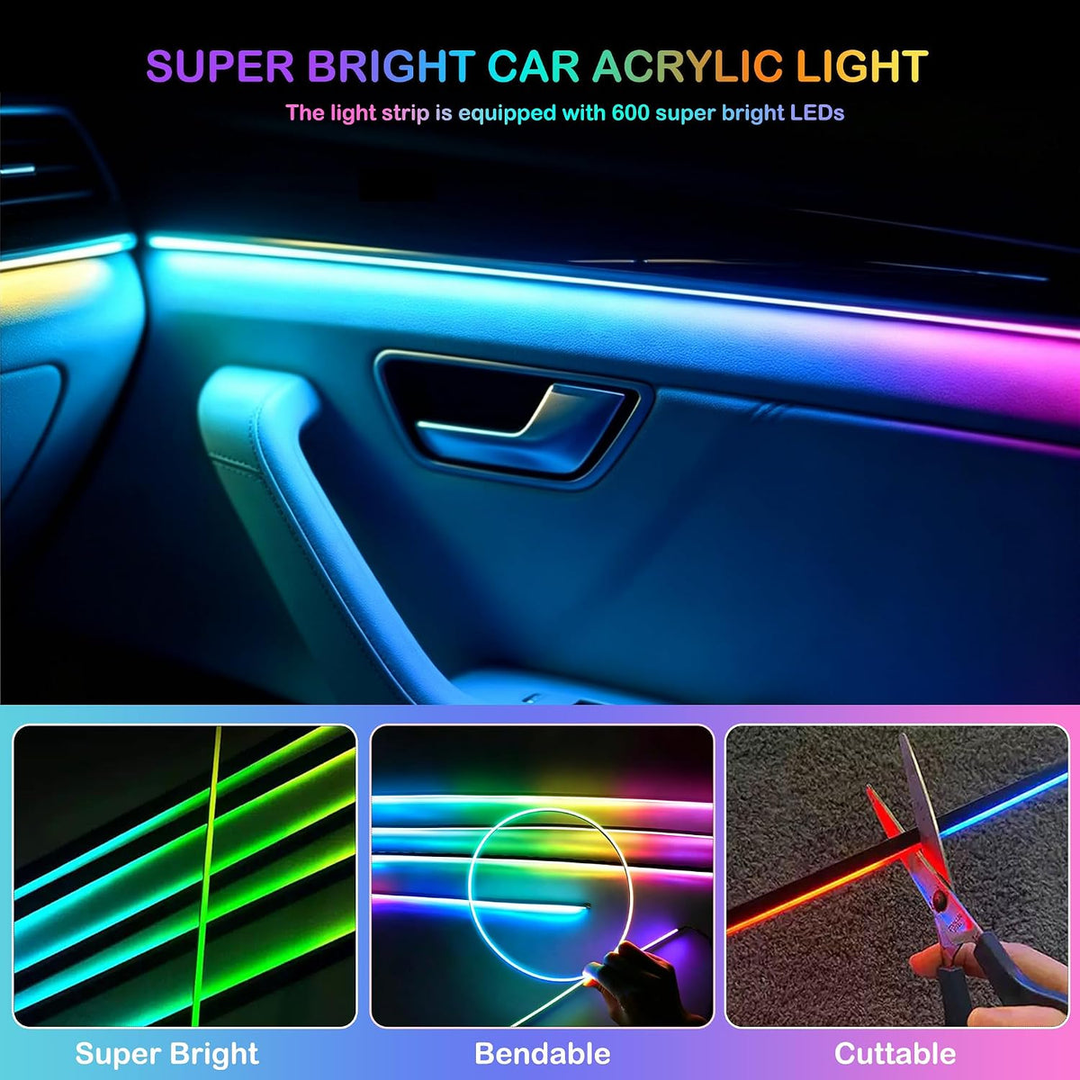 Interior Car LED Strip Lights with Wireless APP, Ambient Lighting Kits with Dynamic Dreamcolor Chasing, 16 Million Colors Acrylic LED Lights for Car, Sound Active Function Car Neon Lights