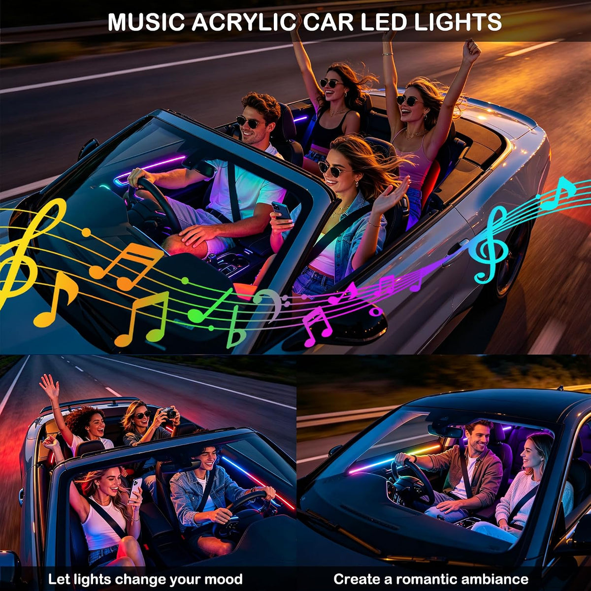 Interior Car LED Strip Lights with Wireless APP, Ambient Lighting Kits with Dynamic Dreamcolor Chasing, 16 Million Colors Acrylic LED Lights for Car, Sound Active Function Car Neon Lights