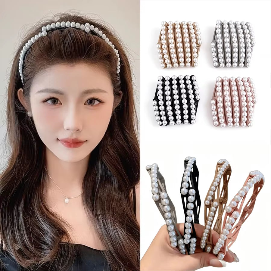 Fashion Pearl Foldable Headband for Women Girls Creative Portable Face Wash Hairband Bangs Forehead Fixed Hair Accessories