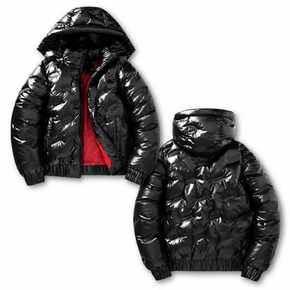 Men’S Glossy Black Cotton Jacket with High-Shine Finish, Detachable Hood, Contrasting Red Lining, Full Zip Front and Side Cargo Pockets—Casual, Warm Outerwear for Autumn and Winter. Menswear Coats