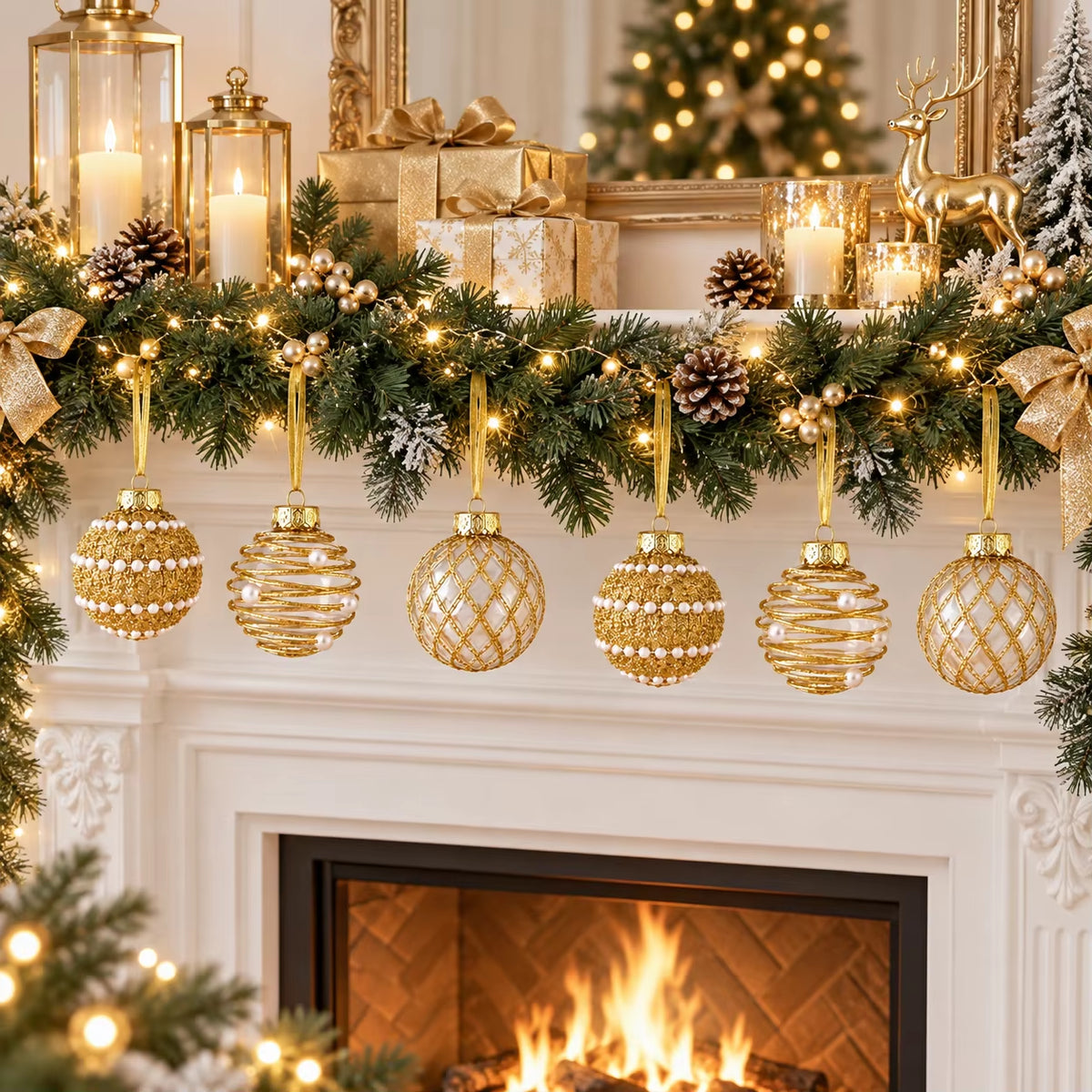 6 Pcs 6Cm Gold Clear 3 Designs Glitter Pearl Christmas Balls Shatterproof Xmas Tree Hanging Ornaments for Holiday Party Decor