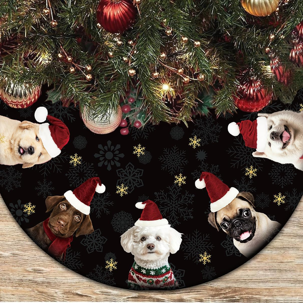 Dog Christmas Tree Skirt 48 Inches Black and Gold Xmas Skirt under Tree Base Cover Collar Floor Mat for 7.5Ft-Tree, Puppy Christmas Decor for Home Office Indoor Holiday Party Decor