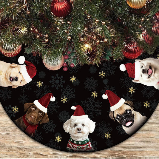 Dog Christmas Tree Skirt 48 Inches Black and Gold Xmas Skirt under Tree Base Cover Collar Floor Mat for 7.5Ft-Tree, Puppy Christmas Decor for Home Office Indoor Holiday Party Decor