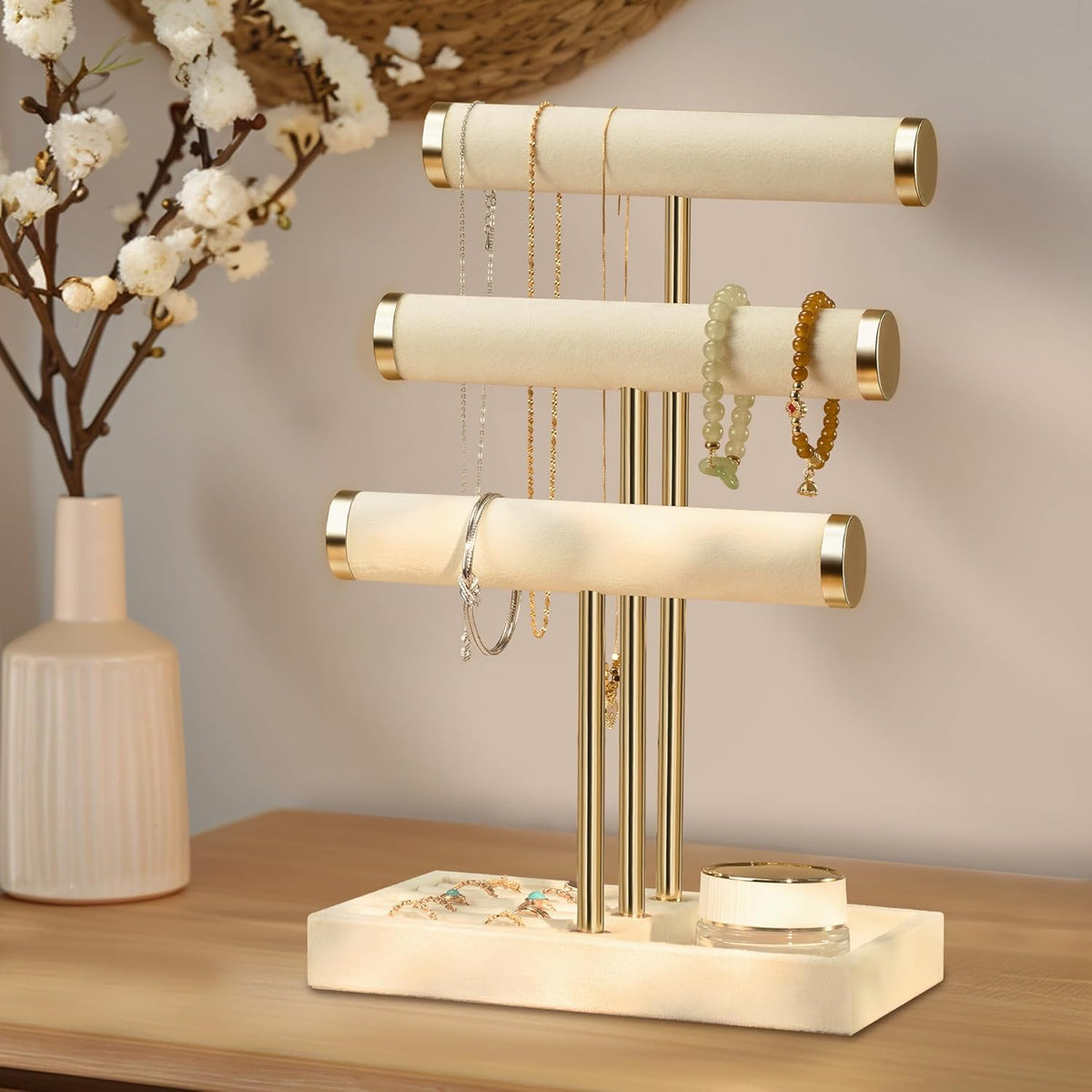 Jewelry Organizer Stand Display, 3 Tier Velvet Bracelet Holder, Beige