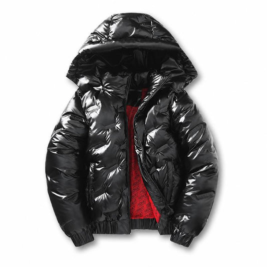 Men’S Glossy Black Cotton Jacket with High-Shine Finish, Detachable Hood, Contrasting Red Lining, Full Zip Front and Side Cargo Pockets—Casual, Warm Outerwear for Autumn and Winter. Menswear Coats