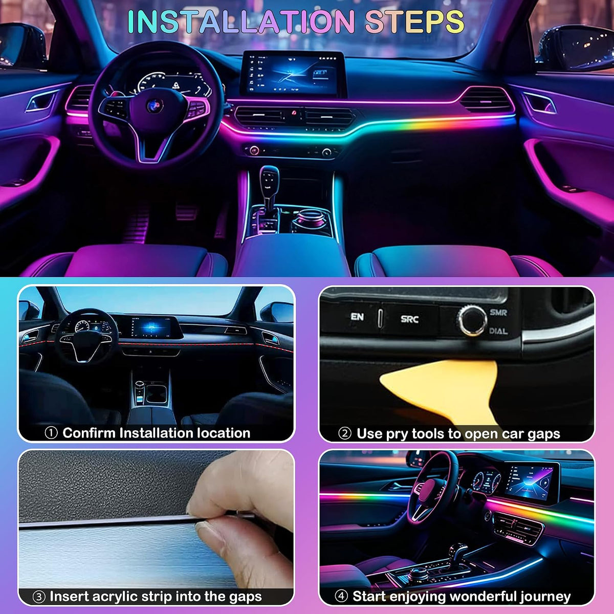 Interior Car LED Strip Lights with Wireless APP, Ambient Lighting Kits with Dynamic Dreamcolor Chasing, 16 Million Colors Acrylic LED Lights for Car, Sound Active Function Car Neon Lights