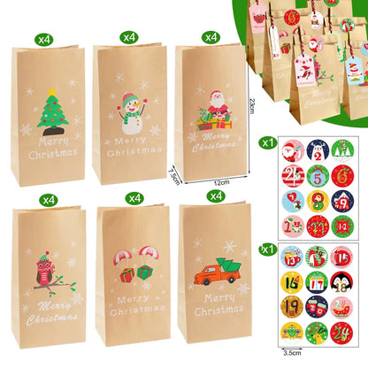Santa Claus Snowman Christmas Gift Kraft Paper Biscuit Candy Bags Gift Packing Pouch Party Dessert Bar Bag Snack Cookie Stickers